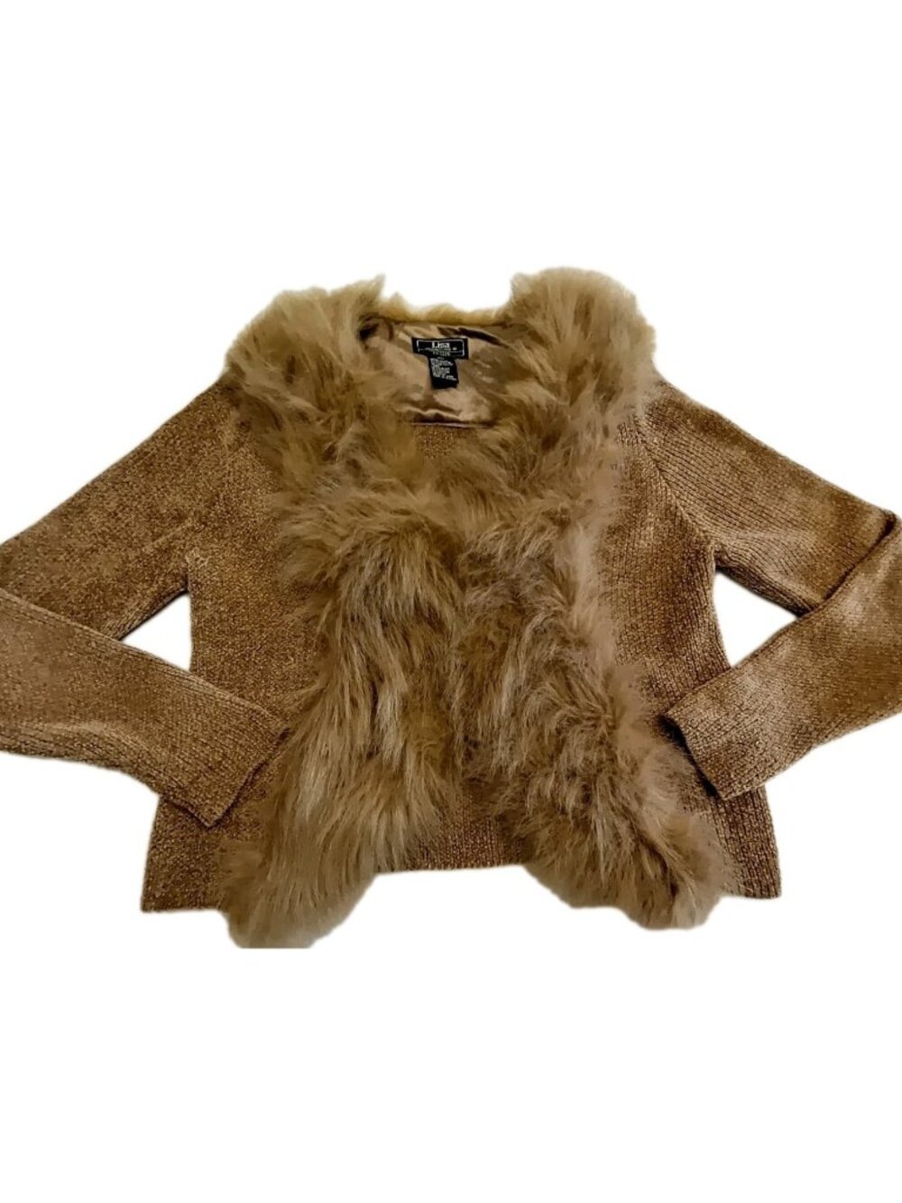 Lisa International Camel Brown Tan Tones Knit Sweater Jacket Faux Fur Trim PM